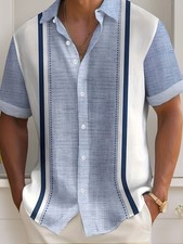 Vintage Striped Bowling Textured Printed Men's Button-Up Short Sleeve Shirt