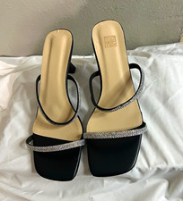 Black Synthetic Square Toe Strappy Slip On Block Heel Sandals Rhinestone 10