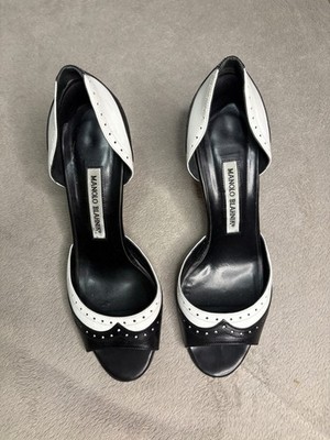 Manolo Blahnik Black & White D'Orsay Peep Toe Heels Size 8 (EU 38