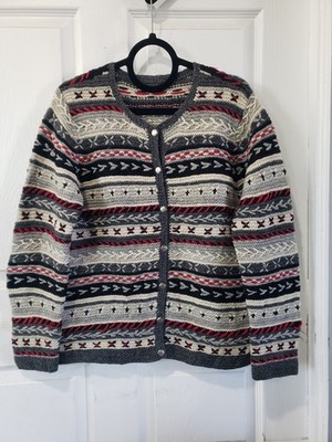 Talbot's Hand Knit 100% Wool Gray Cream Red Black Button Cardigan Sweater Sz MP