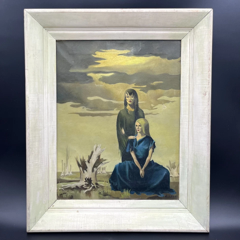 Weird Surrealistic Signed Painting 1950s Vintage Witchy Women Hellscape In Frame - Image 2 of 4