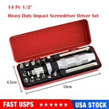 14 Pc 1/2" Heavy Duty Impact Screwdriver Driver Set SAE Reversible w/ Metal Case