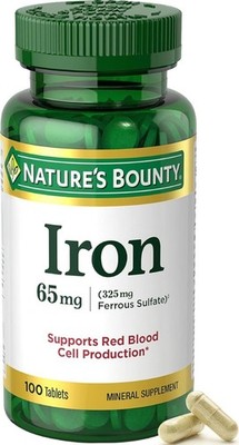 Nature s Bounty Iron 65mg, 325mg Ferrous 100 Count (Pack of 1), Green