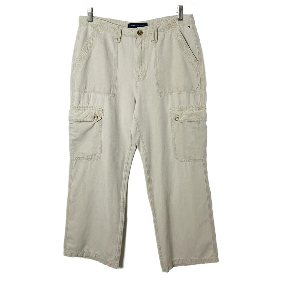 Tommy Hilfiger Mujer Pantalones Carga 8 Caqui Beige Pierna Ancha Chino Tiro Alto Retro Foto 2 de 4