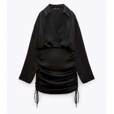 Zara Short Satin Effect Ruched Drawstring Mini Dress Blogger Favorite Black