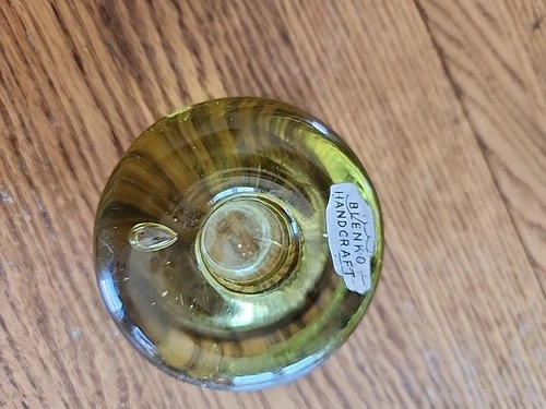 MCM Blenko Glass Taper Candle Holder Round Puck Art Glass Gold/ Yellow Sticker