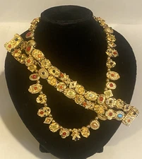 80s VTG Unsign GOLDETTE Victorian Revival Dbl SLIDE CHARM BRACELET/NECKLACE SET
