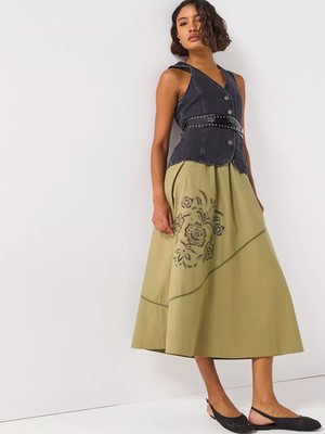 V by Very Cutwork Midi Skirt - Khaki Green UK 18 Brand New RRP £35