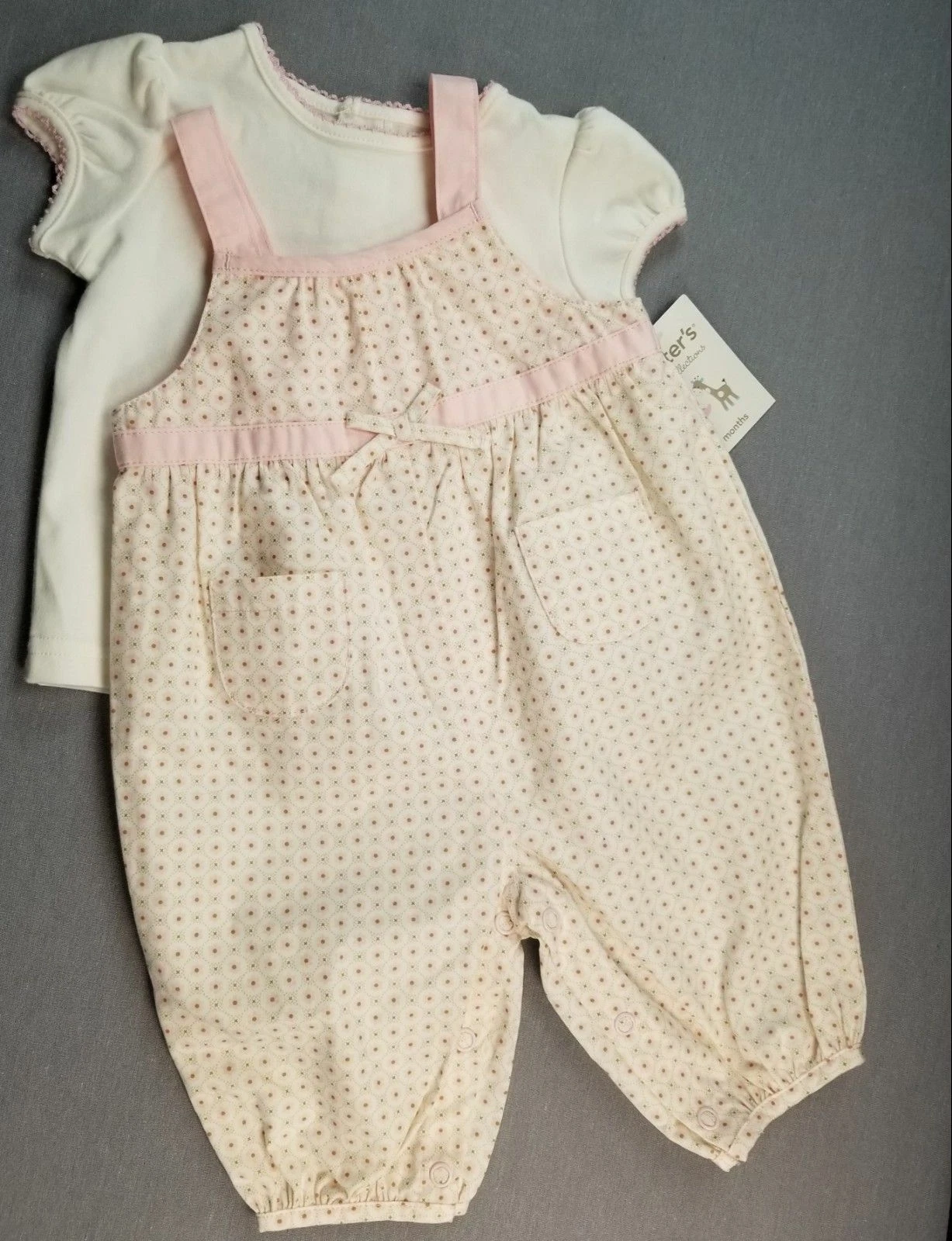 New Baby Girl Clothes, Vintage Carter's 3 Month 2Pc Pink Flowers Overalls Outfit