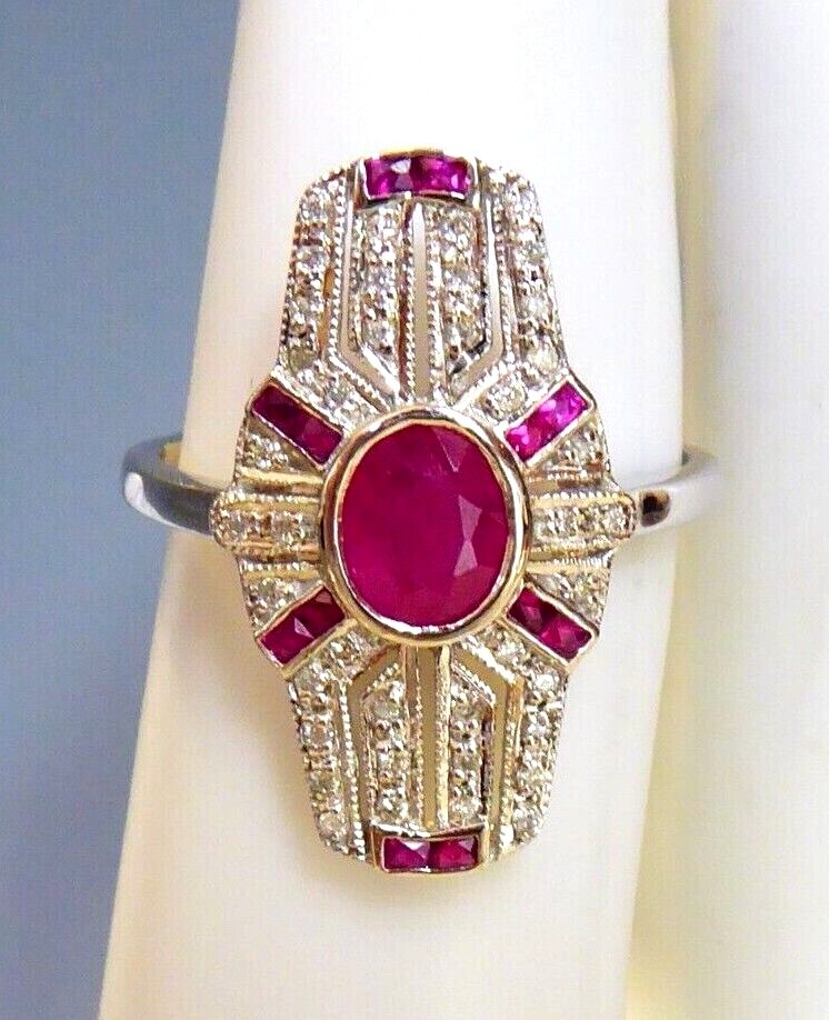 SOLID 9CT WHITE GOLD DIAMOND & RUBY ART DECO DESI… - image 1