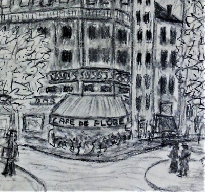 leider unsigniert - schicke Kohlezeichnung 1953: DAS ' CAFE DE FLORE ' IN PARIS