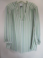 CAbi Awning Stripe Blouse #5893 Ivory Green Stripe Sz Large 3/4 Sleeves Summer