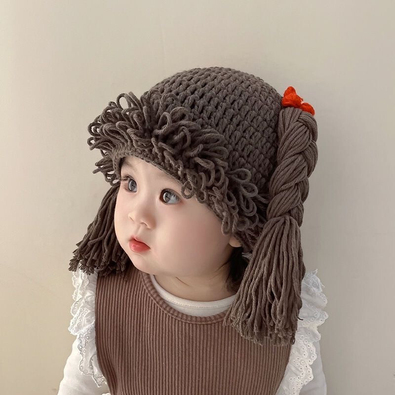 Baby Knitted Pigtail Wig Beanie Hat Kids Crocheted Cabbage Hat
