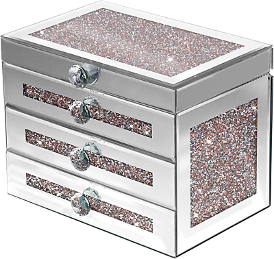 Pink Crushed Diamond Jewelry Box, 3-Tier Organizer with 2 Drawers