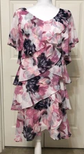 NWT Ignite Evenings size 6 pink purple ivory short sleeve ruffle tiered dress