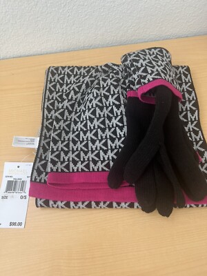 Michael Kors Womens DERBY BLACK pink Scarf Hat Gloves Gift