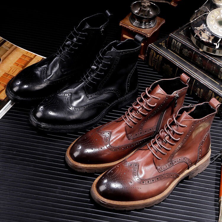 Occident American Style Men's Real Leather Carved Wing Tip Zipper Ankle Boots sz