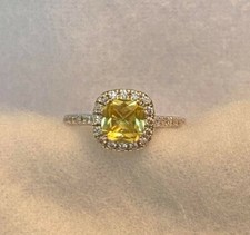 Light Yellow Citrine Ring, w/ Halo, Pav  Band, Rhodium Plated, Lab Created Ring