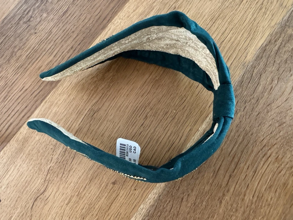 Diadema NamJosh X Anthropologie bordada pluma dorada verde nueva con etiquetas nudo Foto 3 de 4