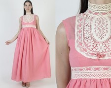 Vtg 70s Pink Prairie Dress High Waist Crochet Lace Victorian Boho Wedding Gown