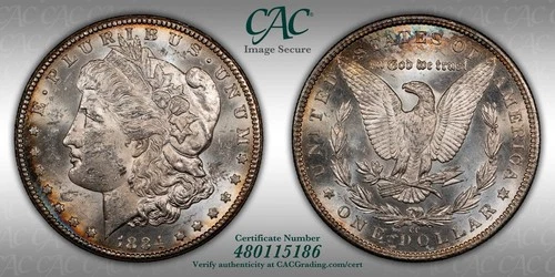 1884-CC Morgan Silver Dollar CAC UNC Details TONING. 1 DAY, NO RESERVE AUCTION🔥
