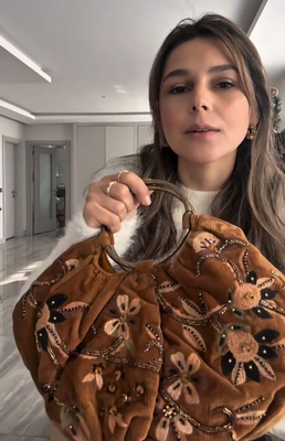 Zara Corduroy Velvet Effect Embroidered Bucket Bag Mustard Brown