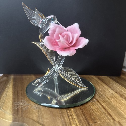 Glass Hummingbird figurine With Pink porcelain flower No Box - Picture 7 of 9