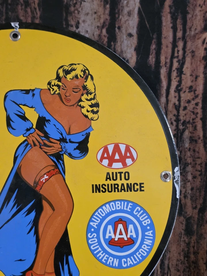 VINTAGE AAA "ARE YOU SURE SHE'S FULLY COVERED" CHICAGO 1958 PORCELAIN SIGN 12" - Image 2 of 4