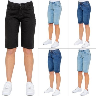 Damen Enzo lange Shorts Stretch Denim 5 Taschen Freizeit Sommer halbe Hose