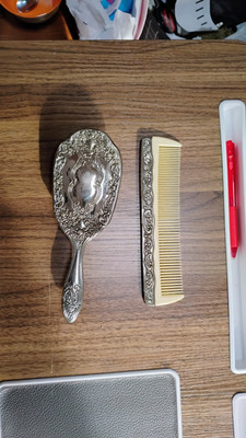 Vintage Silver Tone Comb and Brush Set Ornate Floral Accents Weighted Antiqued