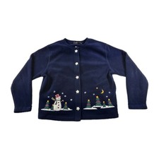 Croft  Barrow Sport Vintage Cardigan Christmas Fleece Sweater Navy Blue Large