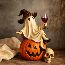 Ghost and Wine Halloween Decoration Sitting on a Pumpkin Home Decor