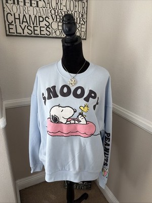 NWT Peanuts Snoopy Swimming Pool Oversized Crewneck Sweatshirt Blue M Logo