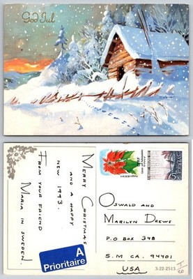 Vintage God Jul Swedish Christmas Postcard 1973 Log Cabin Winter Snow Art
