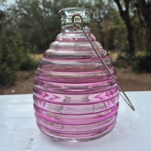 Vintage Large Pink Ribbed Glass Beehive Hanging Outdoor Wasp/Fly Trap Catcher