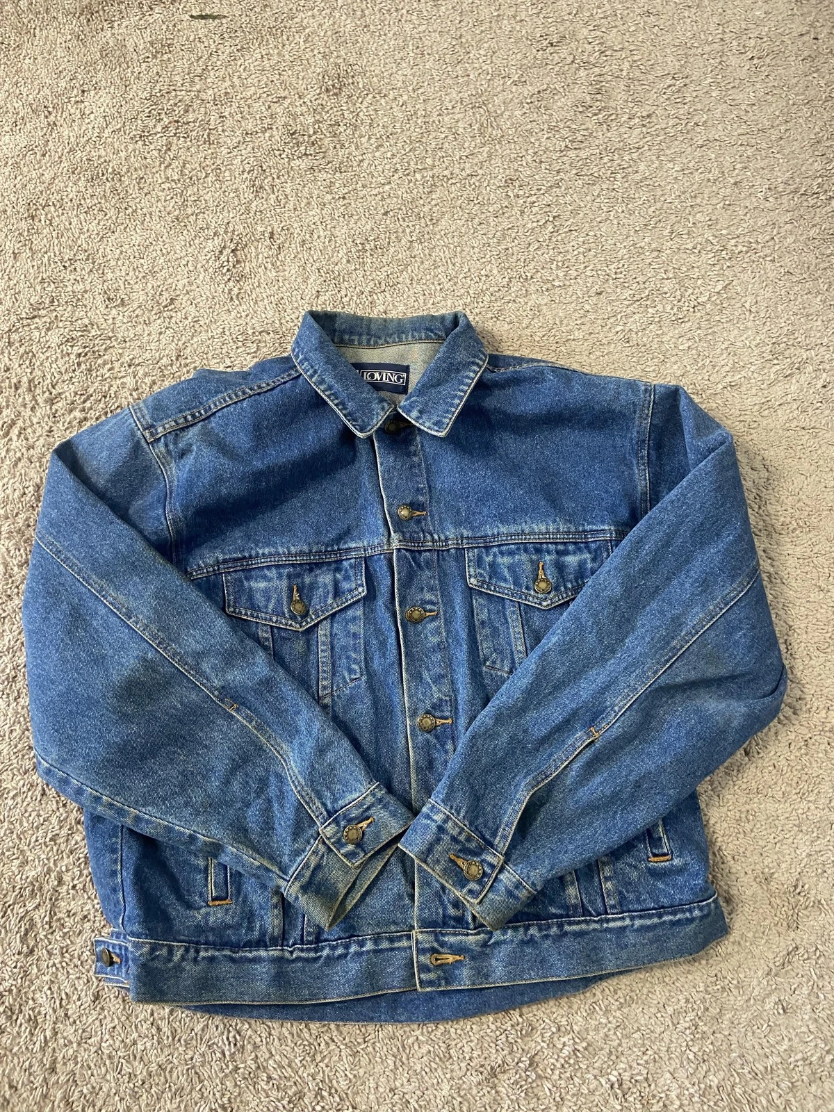 LA Loving Jean Jacket Mens Large Blue Denim Bomber Button Front Pockets Casual