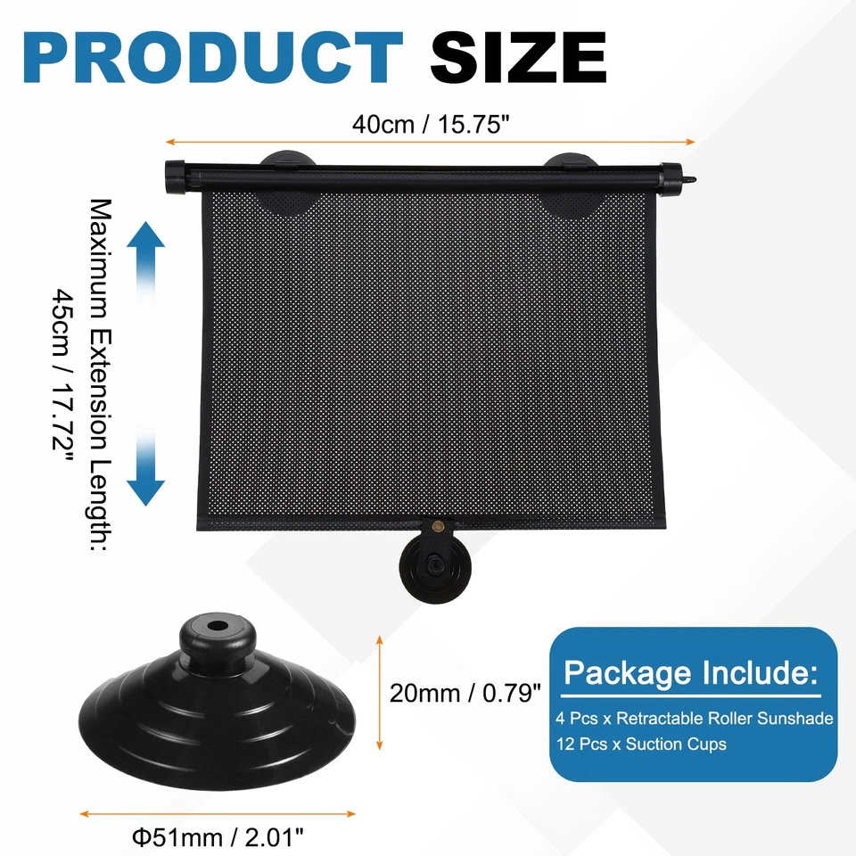 4pcs 18"x 16" Retractable Roller Sunshade with Suction Cups for Cars, Black - Imagem 2 de 4