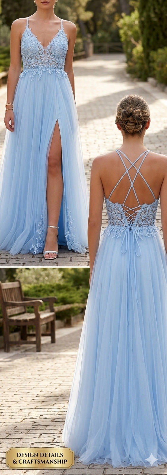 Vestido largo de fiesta azul tul bordado talla única (usado solo 1 vez)