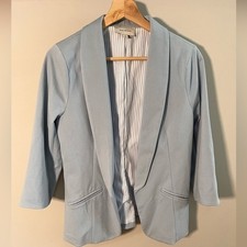 Skies Are Blue Light Blue Shawl Collar Open Front Blazer Striped Lining 21957 M