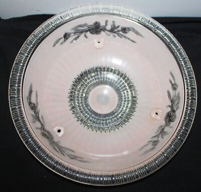 VINTAGE 40'S ART DECO PINK CLEAR GLASS 3 HOLE FLORAL FROST CEILING LIGHT FIXTURE