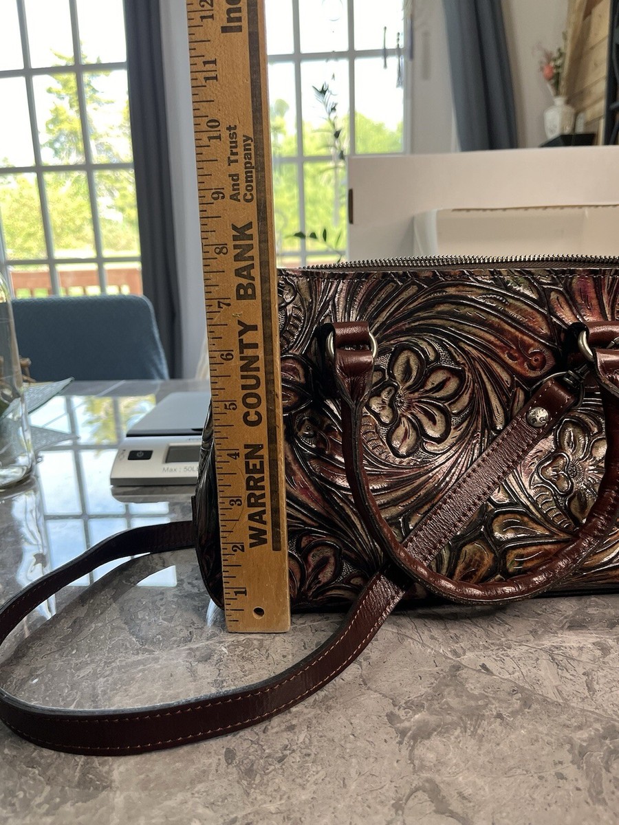 patricia nash tobacco fields Patricia Nash Leather Metallic Tobacco Fields Tooled Leather Handbag 13”W X  9”H