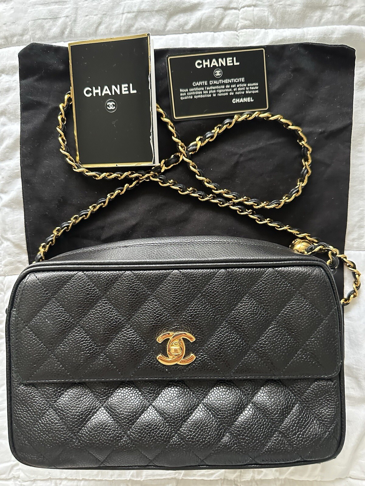 Rare 1990s Vintage Chanel Caviar Quilted Camera Bag with Front Flap Pocket