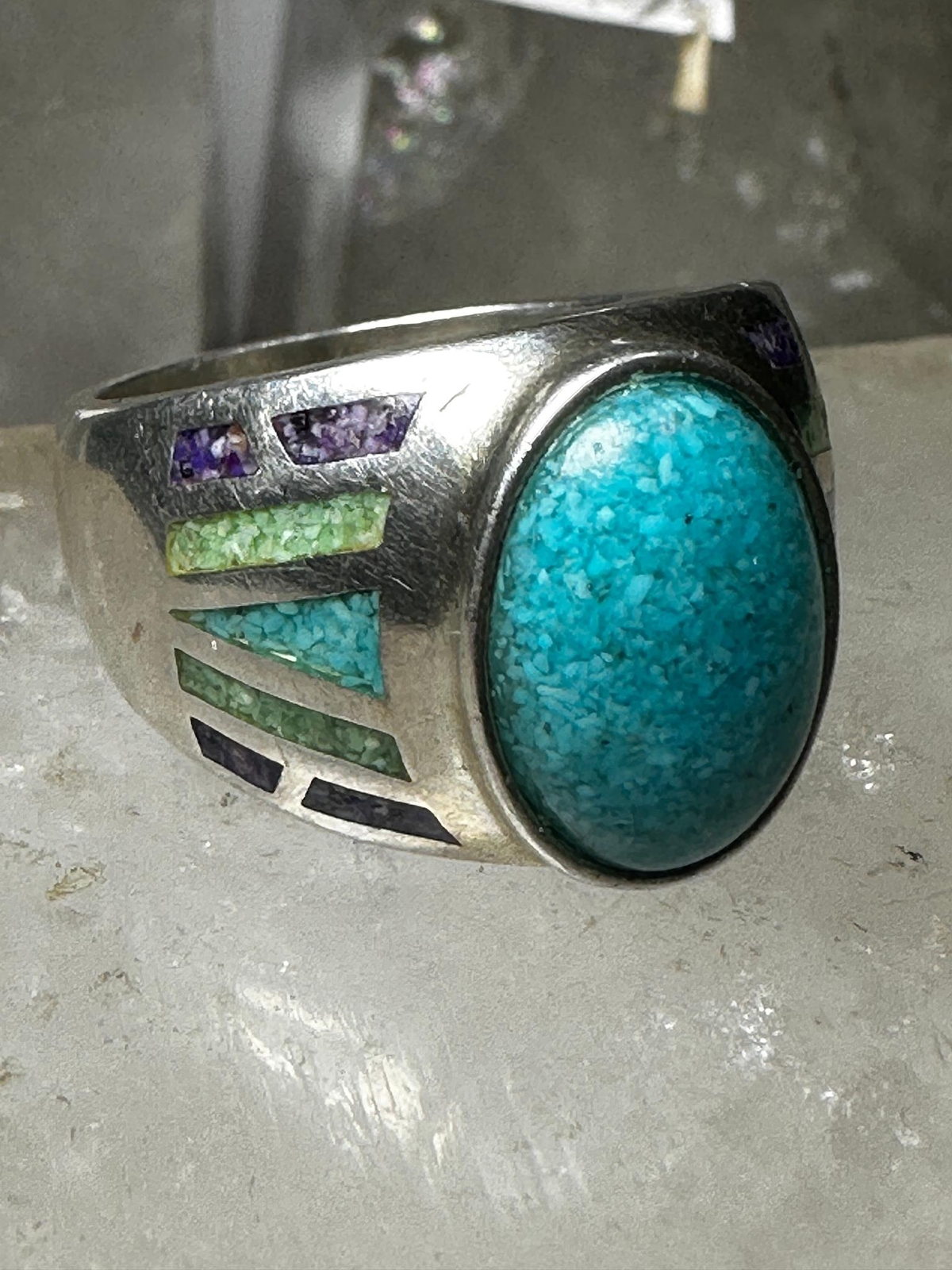 Turquoise chips ring signed CCO Coleman Size 9.75… - image 4