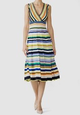  499 Milly Women's White Striped Surplice Sleeveless Knit Midi Dress Size S