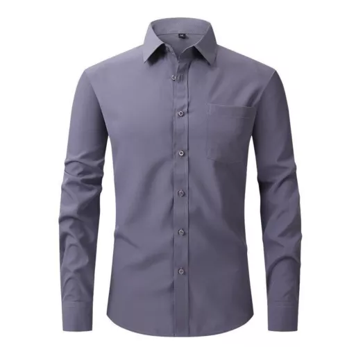 Men's Stretch Slim Fit Button Up Long Sleeve Solid Color Dress Shirt Formal Tops - Picture 1 of 39