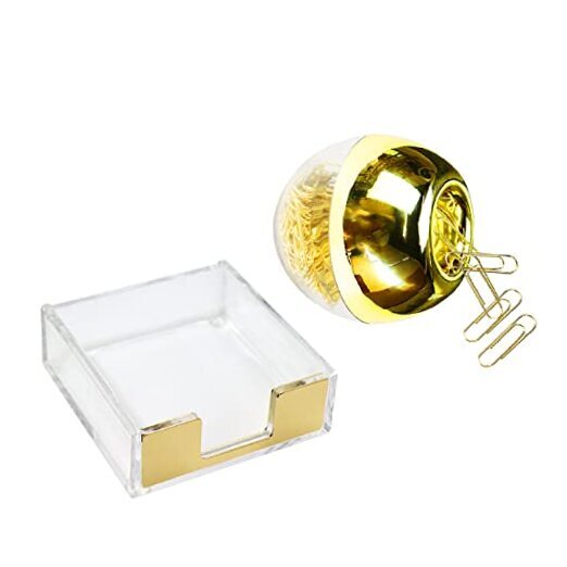 Clear Gold Sticky Notes Pad Holder N Paper Clips Holder Desk Organizer CGSPCH-image