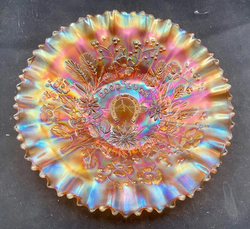 VINTAGE CARNIVAL NORTHWOOD MARIGOLD GOOD LUCK PCE BOWL  “YELLOW IRIDESCENCE”