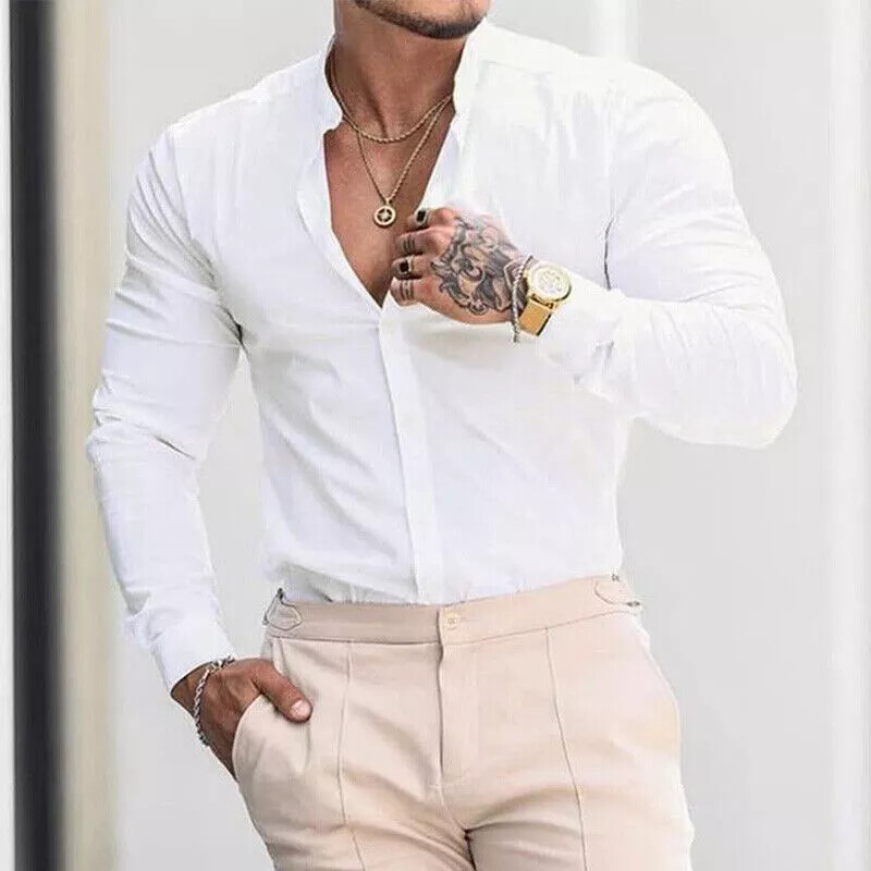 Long Sleeve Shirt Men Casual Button Down Slim Tops Solid Color Casual Mens Clothing Wine Red / 2XL