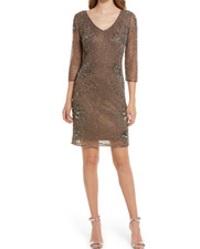 PISARRO NIGHTS BEADED V-NECK 3/4 SLEEVE COCOA COCKTAIL DRESS 6