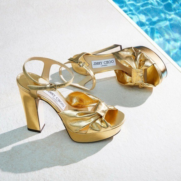 【Jimmy Choo】ヘロイーズ120 ゴールドプラットフォームサンダル New Jimmy Choo Heloise 120 Gold Metallic Nappa Leather
